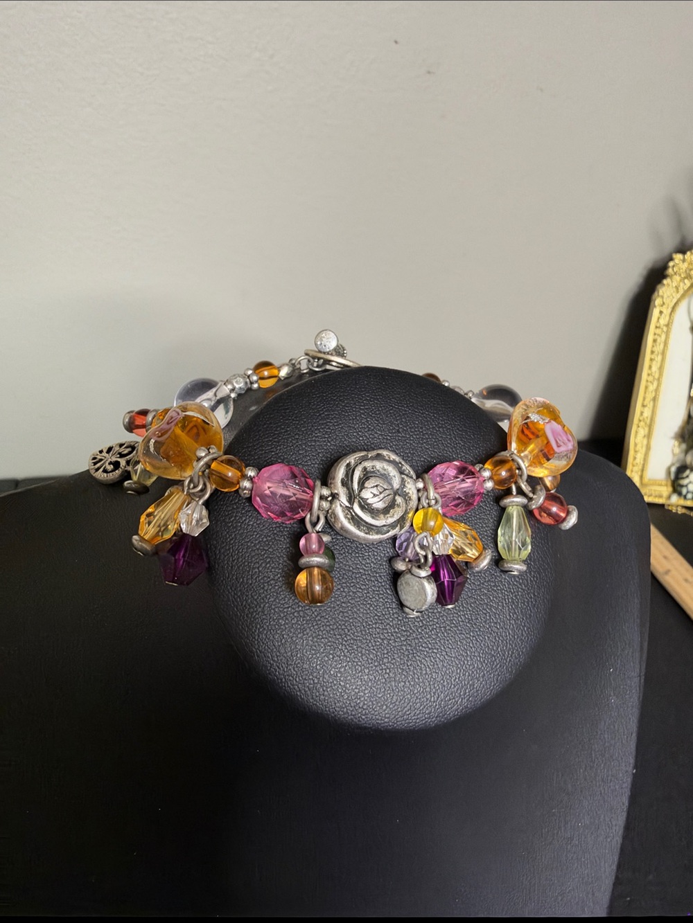 Multicolor Handcrafted Glass & Acrylic Bead Charm Stretch Bracelet Floral Accent